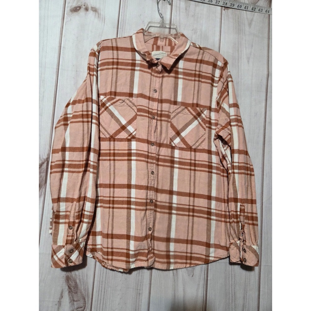 Universal Thread XXL Peach Brown Plaid Flannel Button Down Shirt Cotton Womens